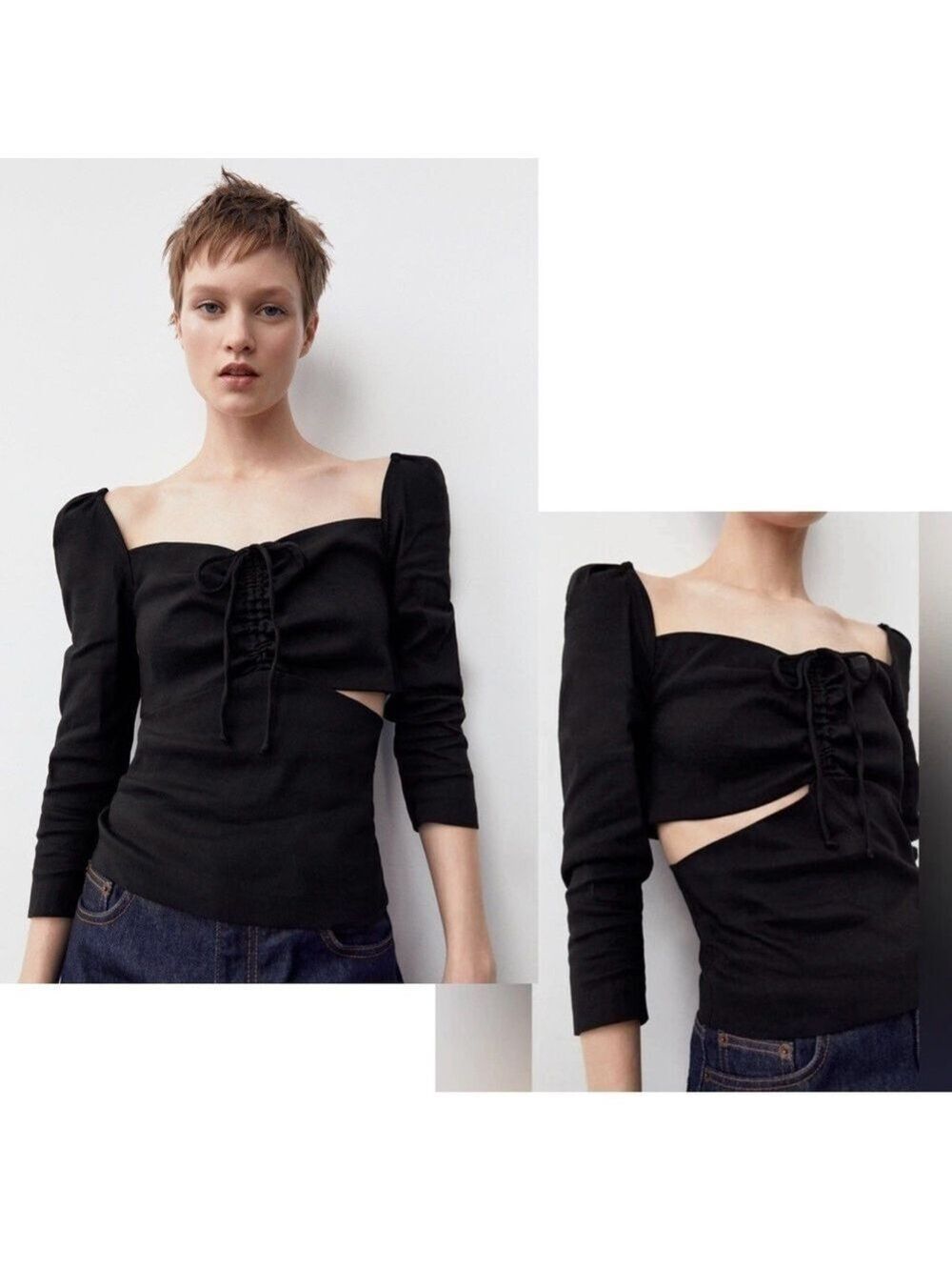 Zara black cut-out puff long sleeve drawstring sweetheart top blouse M NWOT